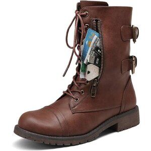 Women's Mid Calf Boots Military Combat Boot with Card Knife Wallet Pocket